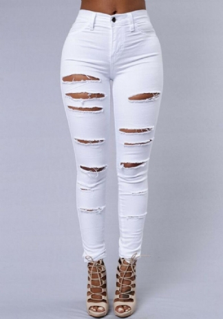 Kobiety Casual Skinny Random Ripped Solid Jeans Dla Kobiet