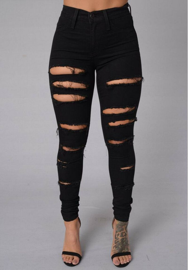 Kobiety Casual Skinny Random Ripped Solid Jeans Dla Kobiet