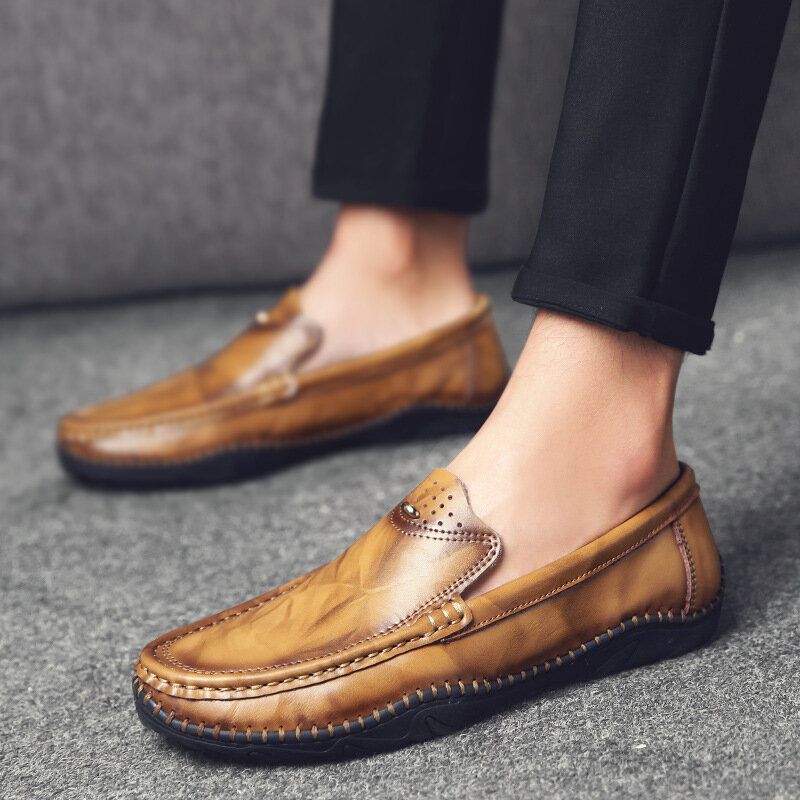 Mężczyźni Retro Prawdziwa Skóra Slip On Stitching Business Working Casual Loafers Buty