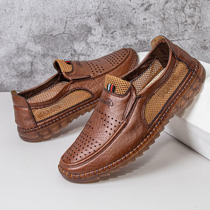 Męska Mikrofibra Hollow Out Oddychająca Ręcznie Szyta Miękka Podeszwa Slip On Casual Buty