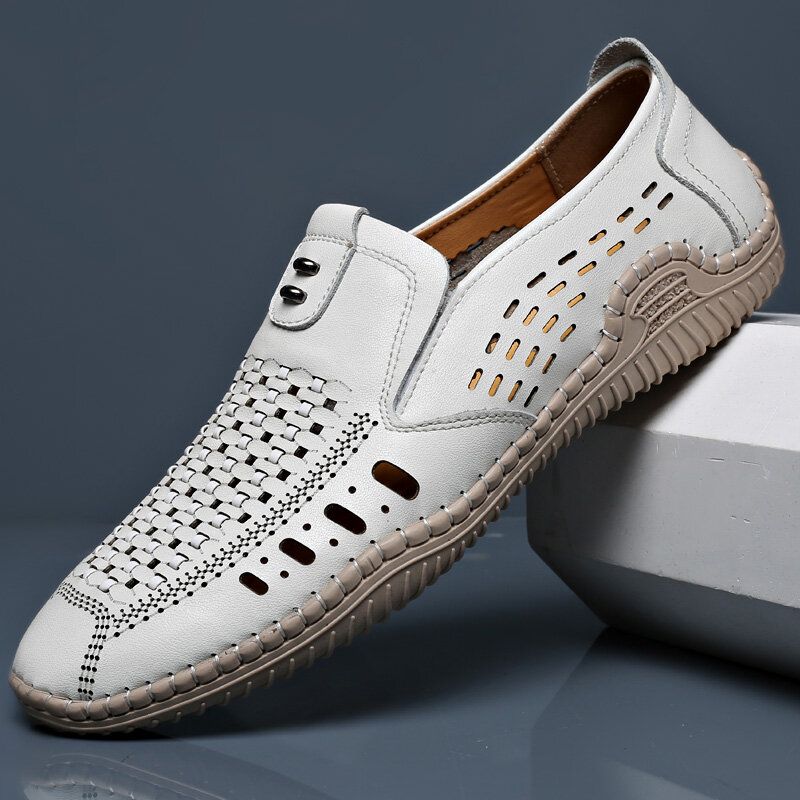 Męska Mikrofibra Hollow Out Oddychające Szwy Ręczne Miękkie Dno Slip On Casual Buty