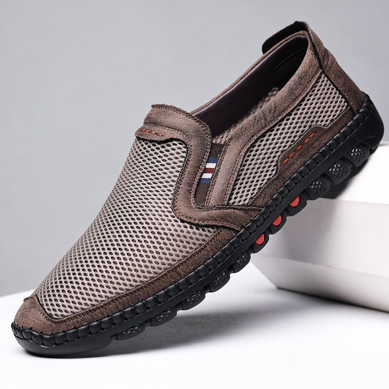 Męska Oddychająca Siatka Ze Skóry Bydlęcej Hollow Out Miękkie Dno Slip On Płaskie Casual Buty