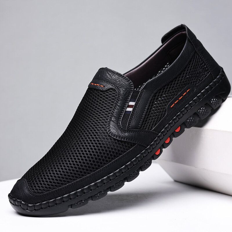 Męska Oddychająca Siatka Ze Skóry Bydlęcej Hollow Out Miękkie Dno Slip On Płaskie Casual Buty