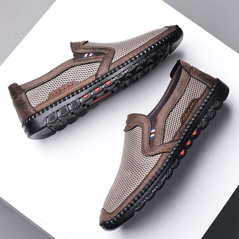 Męska Oddychająca Siatka Ze Skóry Bydlęcej Hollow Out Miękkie Dno Slip On Płaskie Casual Buty