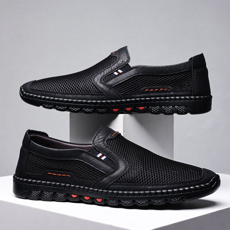 Męska Oddychająca Siatka Ze Skóry Bydlęcej Hollow Out Miękkie Dno Slip On Płaskie Casual Buty