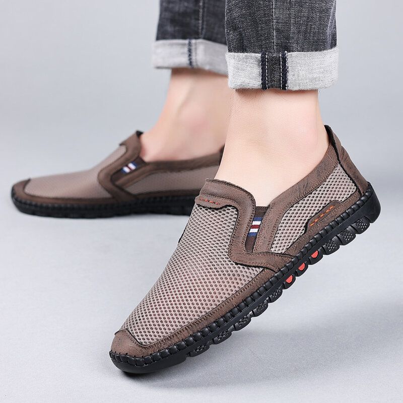 Męska Oddychająca Siatka Ze Skóry Bydlęcej Hollow Out Miękkie Dno Slip On Płaskie Casual Buty