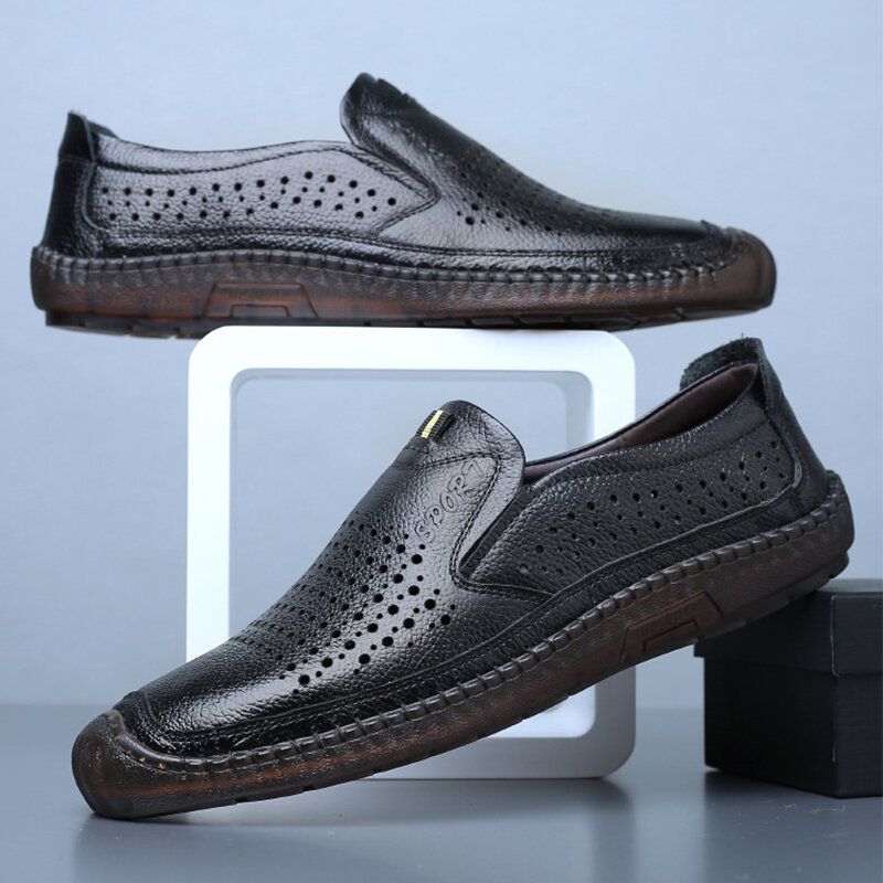 Męska Skóra Bydlęca Hollow Out Oddychające Szwy Ręczne Miękkie Dno Slip On Close Toe Casual Buty