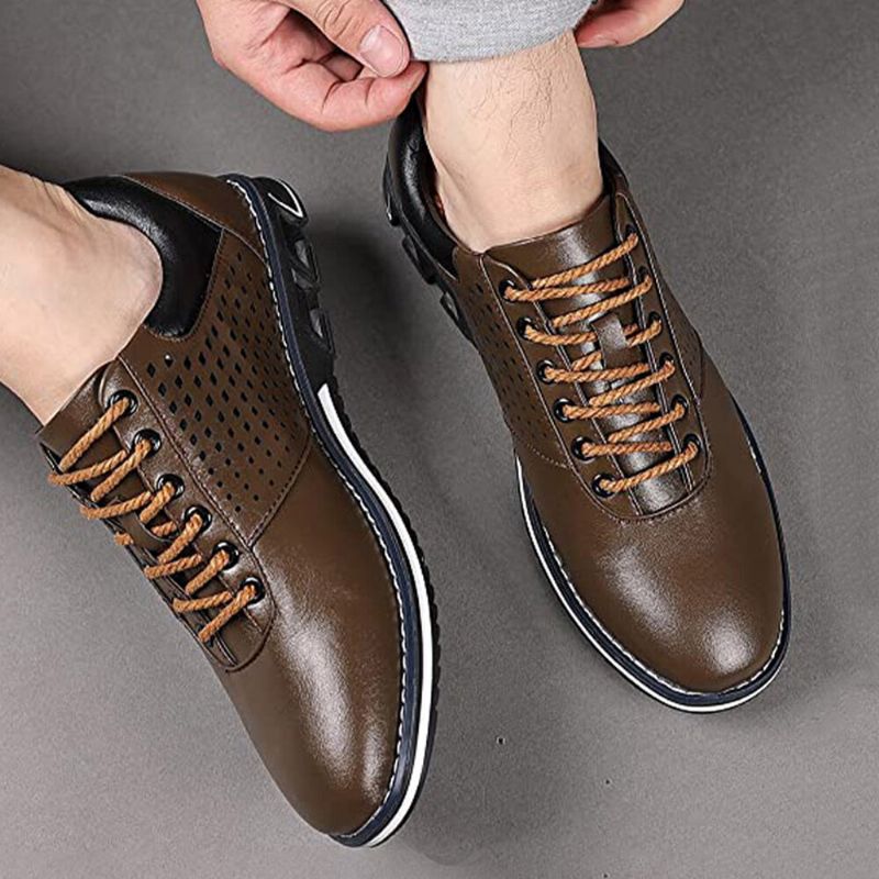 Męskie Skórzane Oddychające Miękkie Podeszwy Krótkie Pure Color Lace Up Casual Business Buty