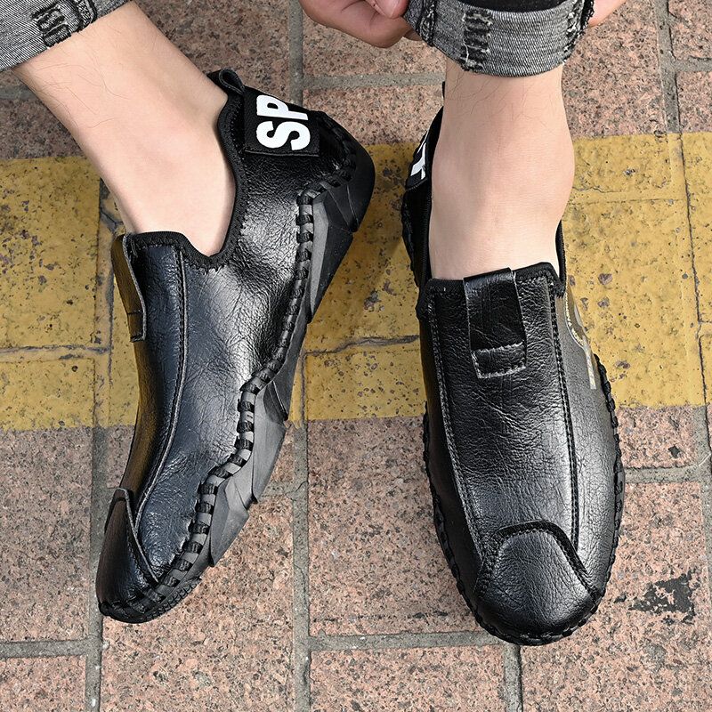 Męskie Skórzane Szwy Ręczne Z Mikrofibry Slip On Driving Casual Loafers