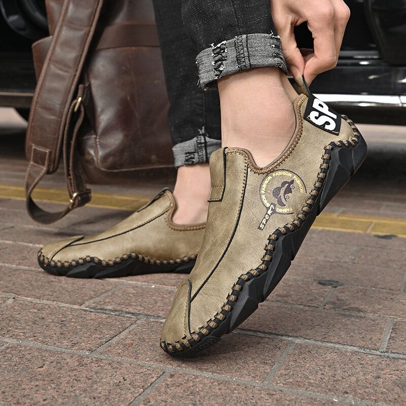 Męskie Skórzane Szwy Ręczne Z Mikrofibry Slip On Driving Casual Loafers