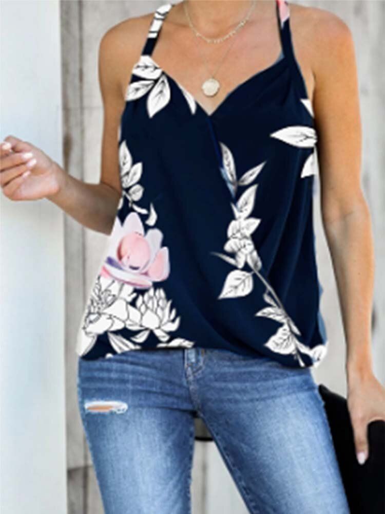 Vintage Floral Print Halter V-neck Bez Rękawów Wrap Top