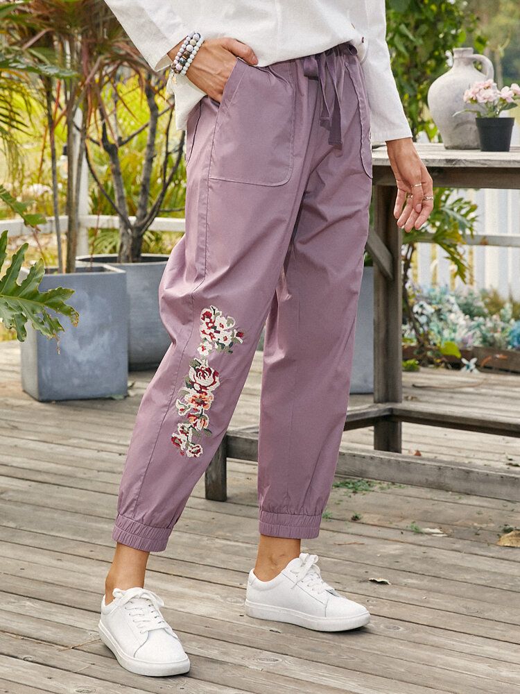 Kobiety Floral Hafty Sznurek W Połowie Talii Dorywczo Harem Pants