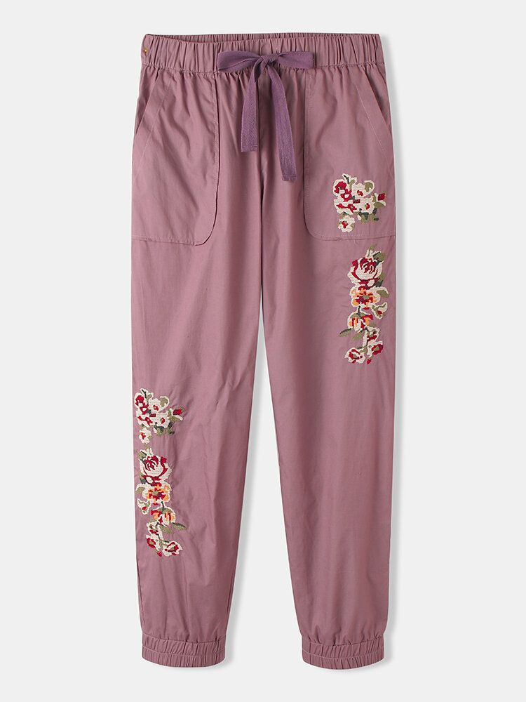 Kobiety Floral Hafty Sznurek W Połowie Talii Dorywczo Harem Pants