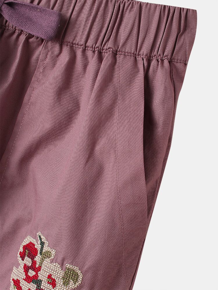 Kobiety Floral Hafty Sznurek W Połowie Talii Dorywczo Harem Pants