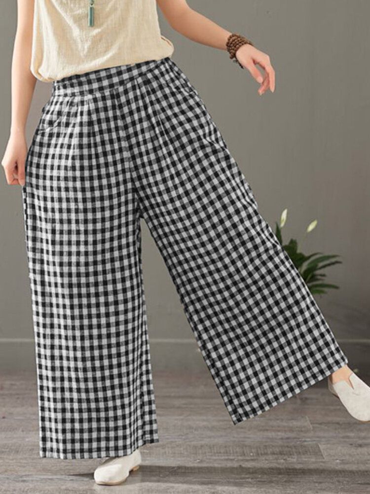 Kobiety Plaid Print Elastyczny Pas Vintage Casual Luźne Spodnie Z Szerokimi Nogawkami Z Kieszeniami