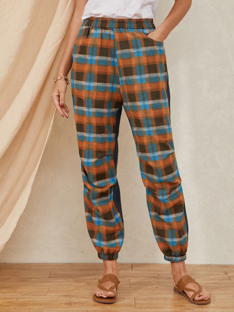 Plaid Print Elastyczny Pas Kolorowy Blok Patchwork Pocket Harem Pants Dla Kobiet