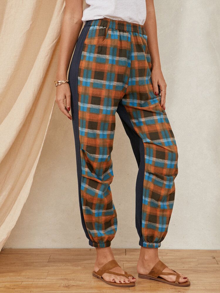 Plaid Print Elastyczny Pas Kolorowy Blok Patchwork Pocket Harem Pants Dla Kobiet