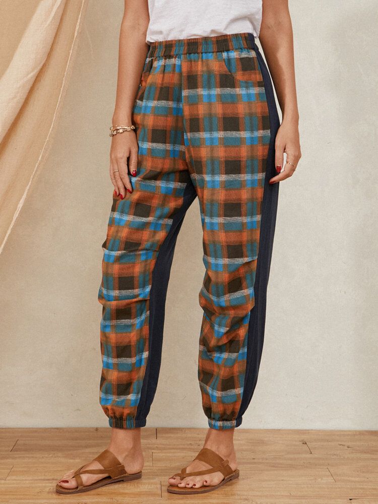 Plaid Print Elastyczny Pas Kolorowy Blok Patchwork Pocket Harem Pants Dla Kobiet