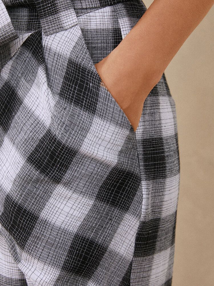 Plaid Print Wiązane Kieszenie Z Wysokim Stanem Luźne Spodnie Na Co Dzień Dla Kobiet