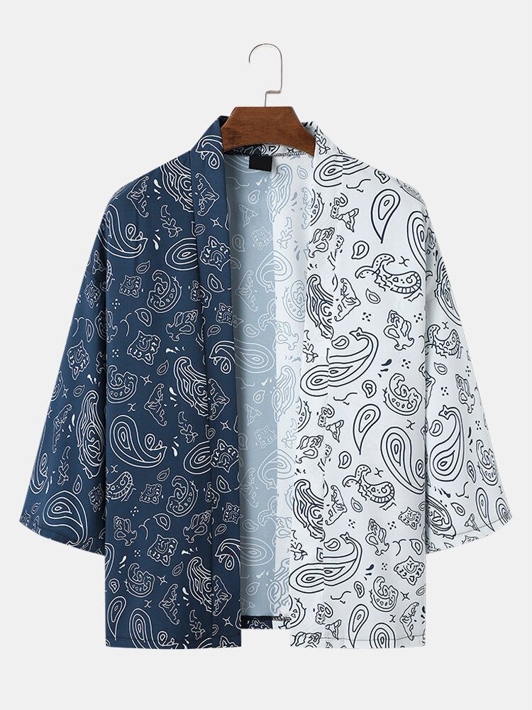 Dwukolorowe Męskie Kimono Z Nadrukiem Paisley Z Otwartym Przodem