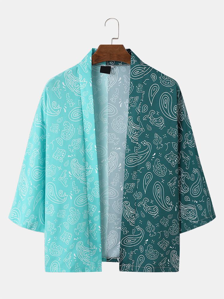 Dwukolorowe Męskie Kimono Z Nadrukiem Paisley Z Otwartym Przodem