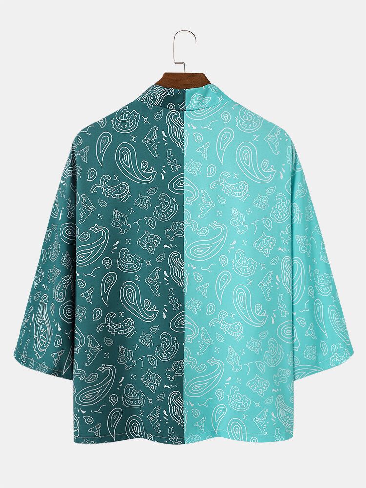 Dwukolorowe Męskie Kimono Z Nadrukiem Paisley Z Otwartym Przodem