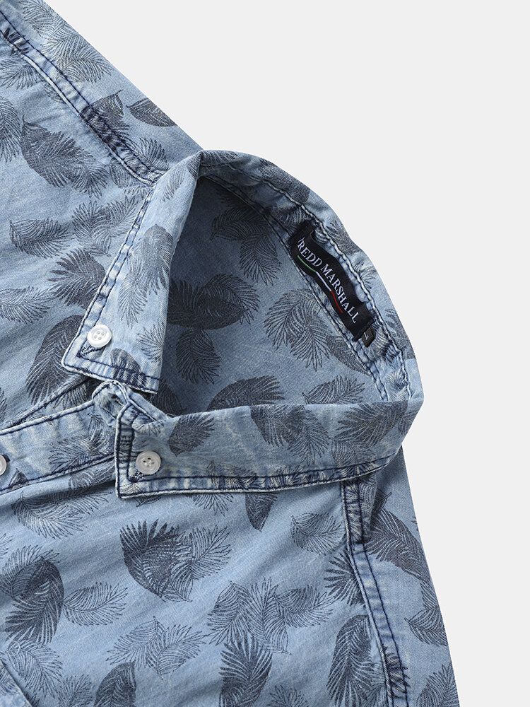 Mężczyźni 100% Bawełna Denim Graphic Leaf Pattern Lapel Koszule Rekreacyjne Z Krótkim Rękawem