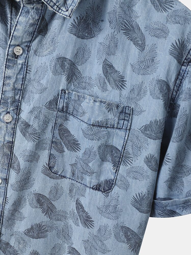 Mężczyźni 100% Bawełna Denim Graphic Leaf Pattern Lapel Koszule Rekreacyjne Z Krótkim Rękawem