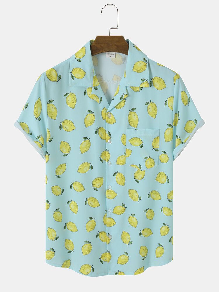 Mężczyźni Allover Lemon Print Pojedyncza Kieszeń Revere Collar Miękkie Oddychające Koszule Rekreacyjne