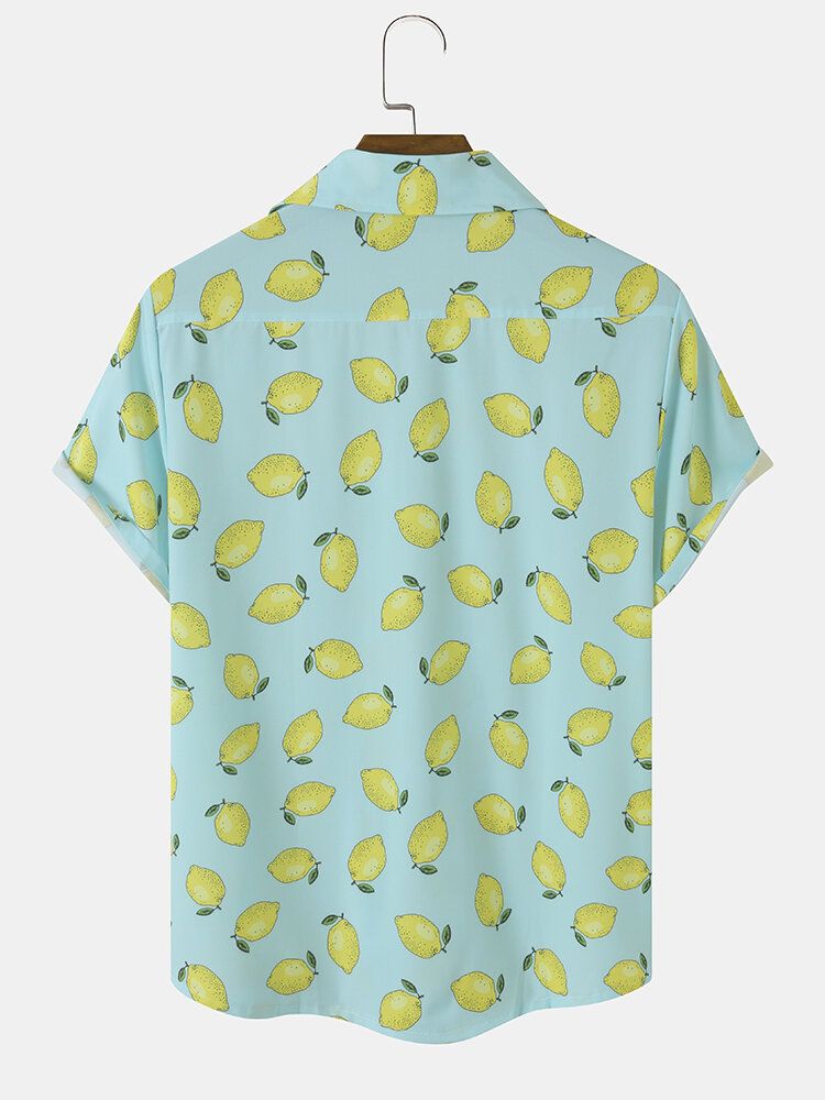 Mężczyźni Allover Lemon Print Pojedyncza Kieszeń Revere Collar Miękkie Oddychające Koszule Rekreacyjne