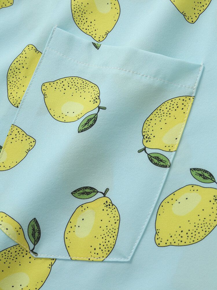 Mężczyźni Allover Lemon Print Pojedyncza Kieszeń Revere Collar Miękkie Oddychające Koszule Rekreacyjne