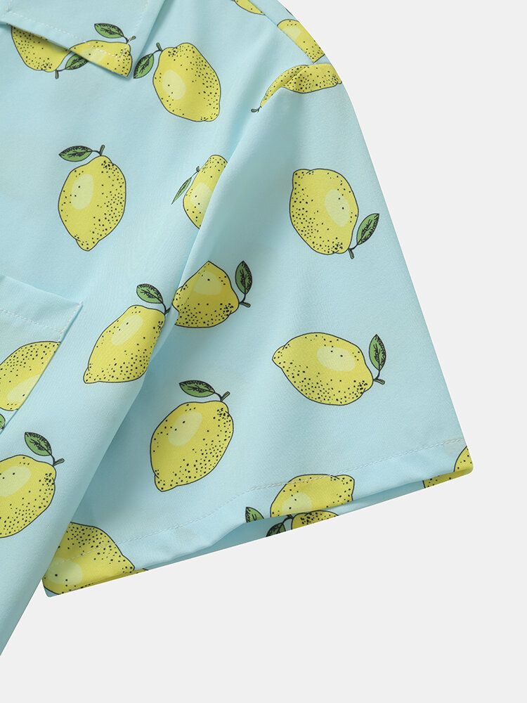 Mężczyźni Allover Lemon Print Pojedyncza Kieszeń Revere Collar Miękkie Oddychające Koszule Rekreacyjne