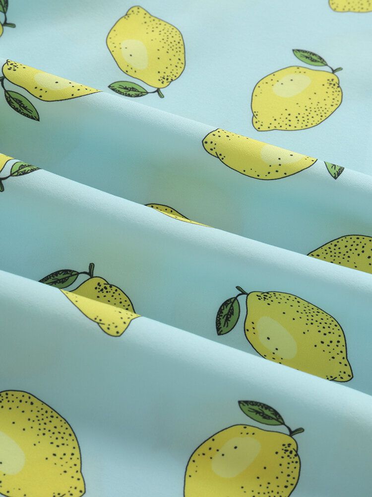 Mężczyźni Allover Lemon Print Pojedyncza Kieszeń Revere Collar Miękkie Oddychające Koszule Rekreacyjne