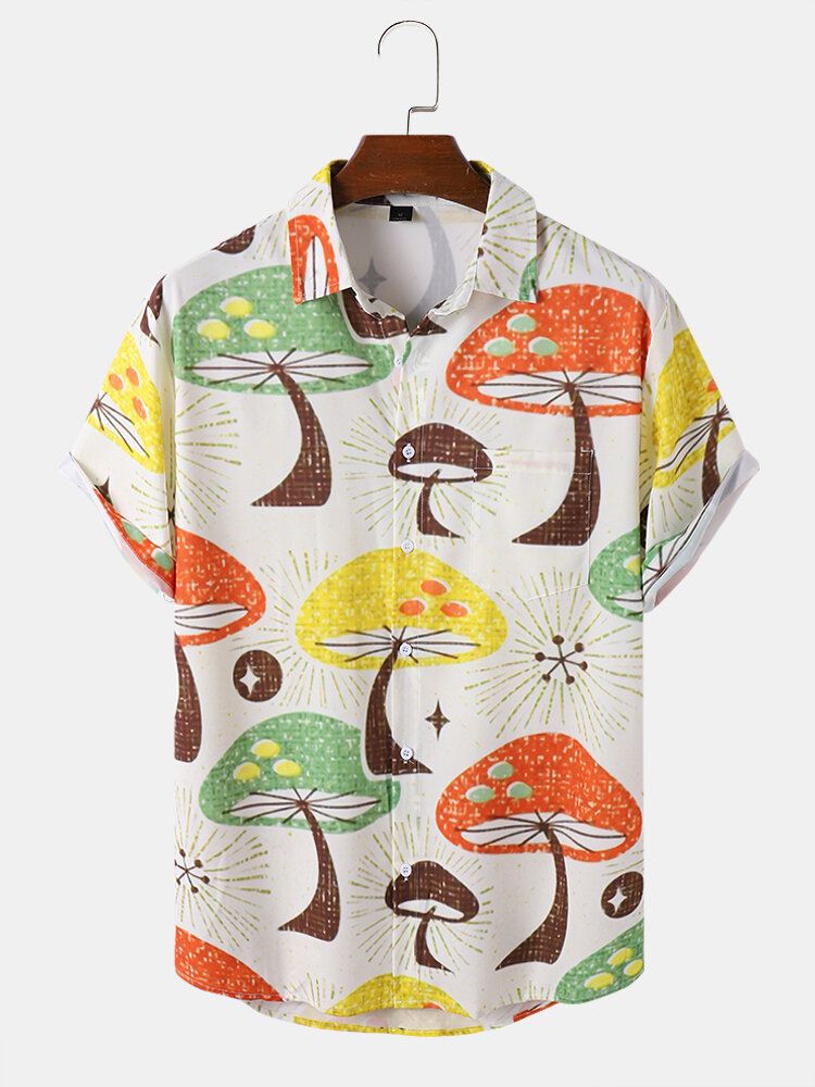 Mężczyźni Cartoon Mushroom Print Multi Color Lapel Summer Holiday Miękkie Koszule