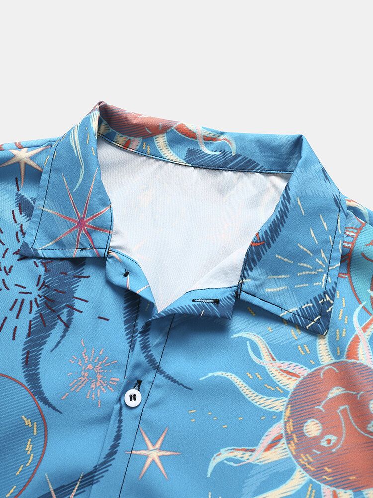 Mężczyźni Cartoon Sun Cute Print Lapel Holiday Summer Oddychające Koszule