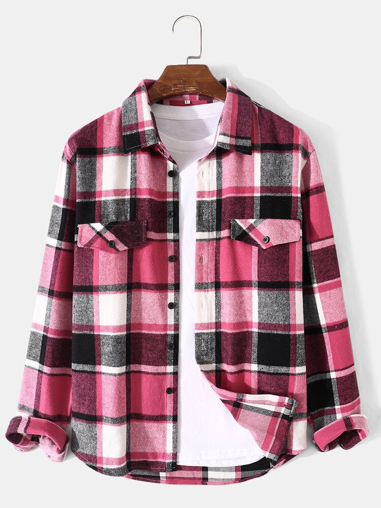 Mężczyźni Check Plaid Decor Pocket Button Up Casual Koszule Z Długim Rękawem