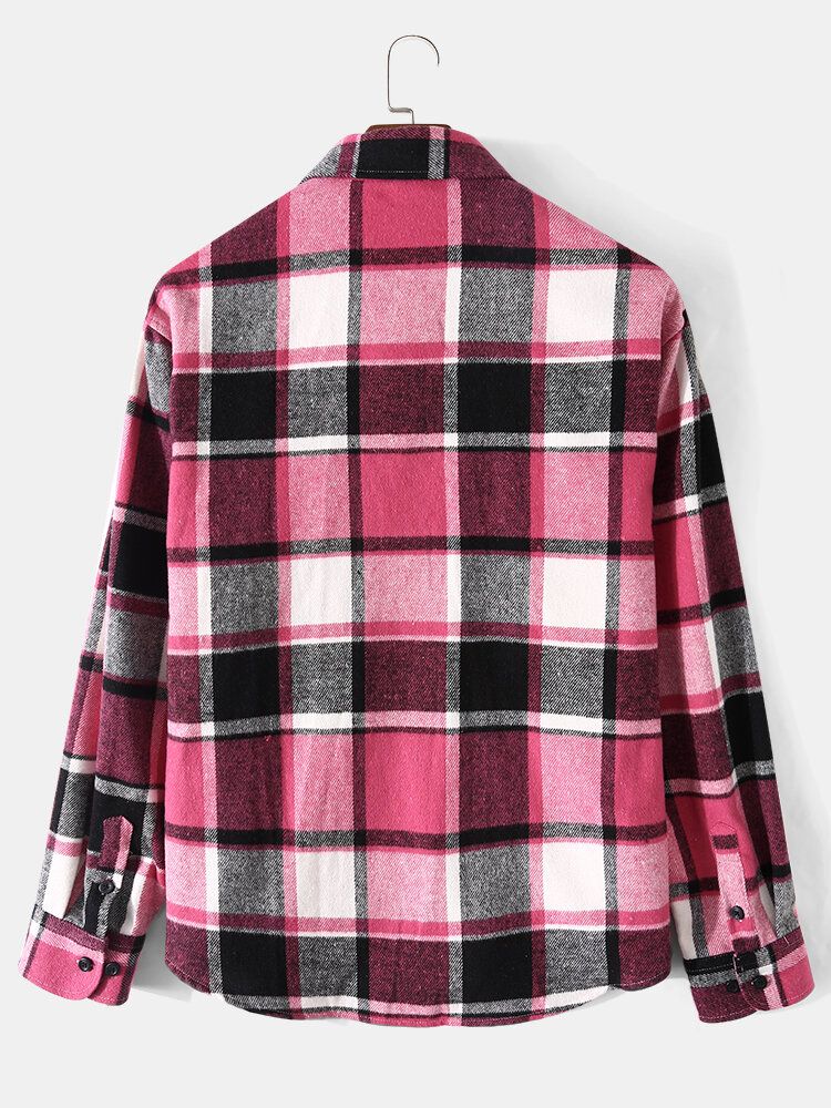 Mężczyźni Check Plaid Decor Pocket Button Up Casual Koszule Z Długim Rękawem