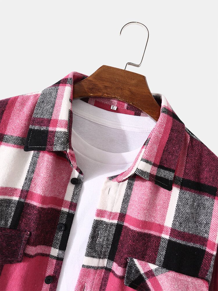 Mężczyźni Check Plaid Decor Pocket Button Up Casual Koszule Z Długim Rękawem