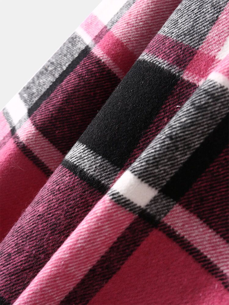 Mężczyźni Check Plaid Decor Pocket Button Up Casual Koszule Z Długim Rękawem