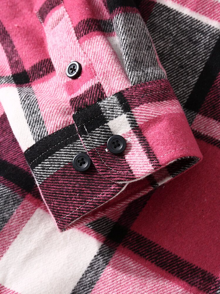 Mężczyźni Check Plaid Decor Pocket Button Up Casual Koszule Z Długim Rękawem