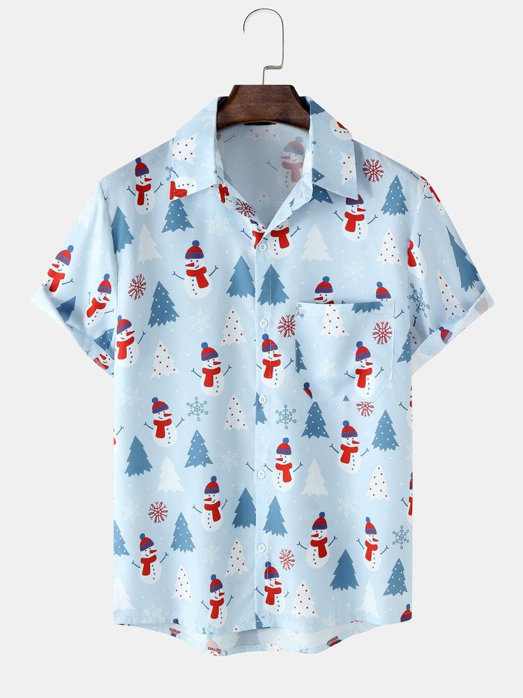 Mężczyźni Christmas Snow Man Digital Printed Kieszonka Na Piersi Casual Krótkie Koszule