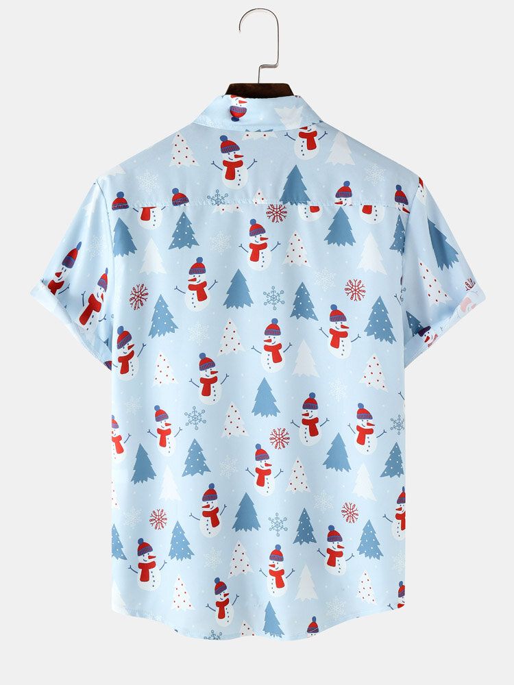 Mężczyźni Christmas Snow Man Digital Printed Kieszonka Na Piersi Casual Krótkie Koszule