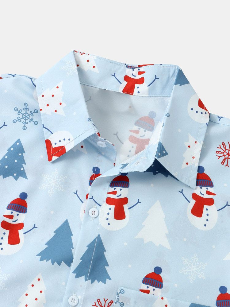 Mężczyźni Christmas Snow Man Digital Printed Kieszonka Na Piersi Casual Krótkie Koszule