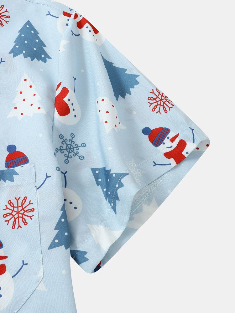 Mężczyźni Christmas Snow Man Digital Printed Kieszonka Na Piersi Casual Krótkie Koszule