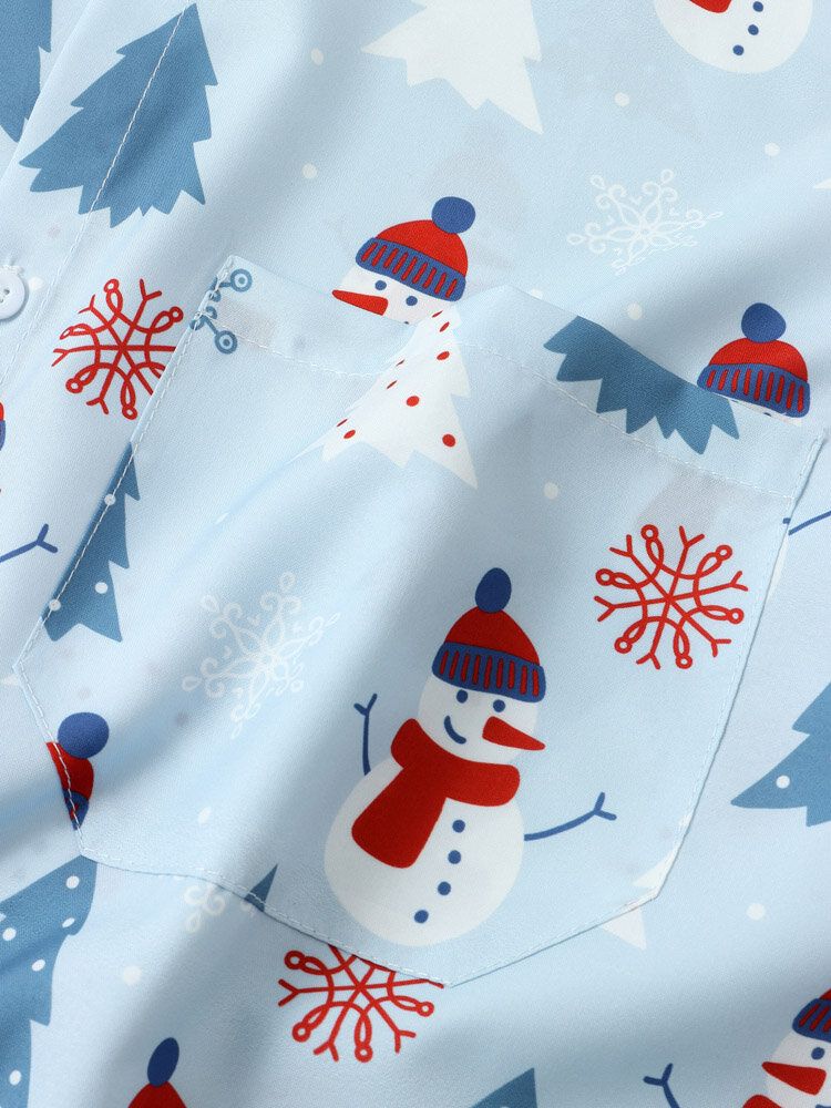 Mężczyźni Christmas Snow Man Digital Printed Kieszonka Na Piersi Casual Krótkie Koszule