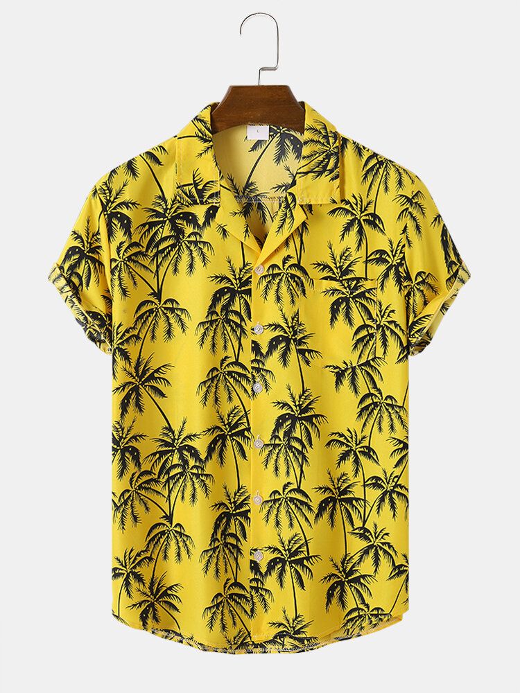 Mężczyźni Coconut Tree Graphic Revere Collar W Stylu Hawajskim Miękkie Koszule Na Co Dzień