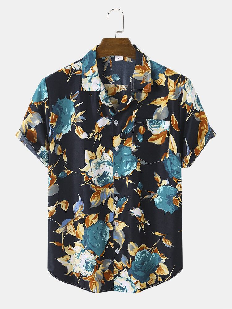 Mężczyźni Floral Art Print Pojedyncza Kieszeń Revere Collar Curved Hem Koszule Z Krótkim Rękawem