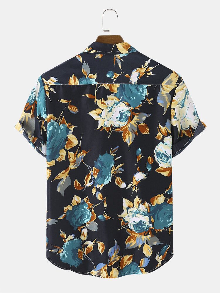 Mężczyźni Floral Art Print Pojedyncza Kieszeń Revere Collar Curved Hem Koszule Z Krótkim Rękawem