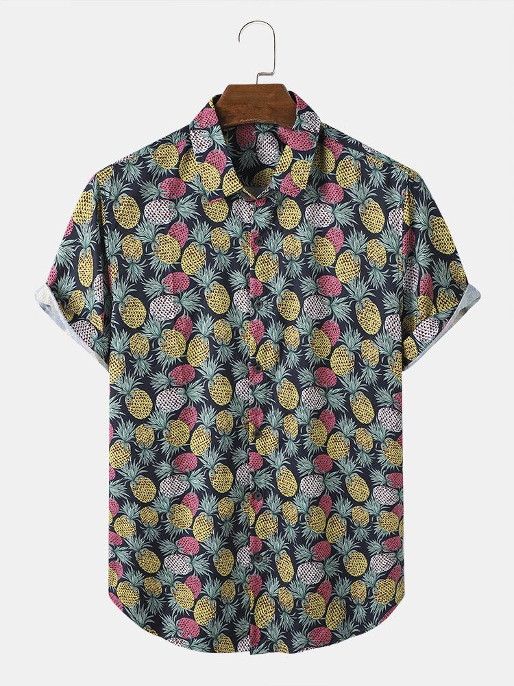 Mężczyźni Funny Allover Ananas Print Street Button Curved Hem Holiday Shirts