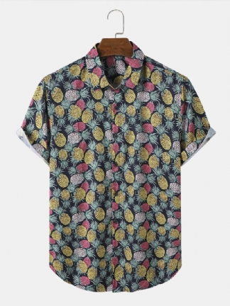 Mężczyźni Funny Allover Ananas Print Street Button Curved Hem Holiday Shirts